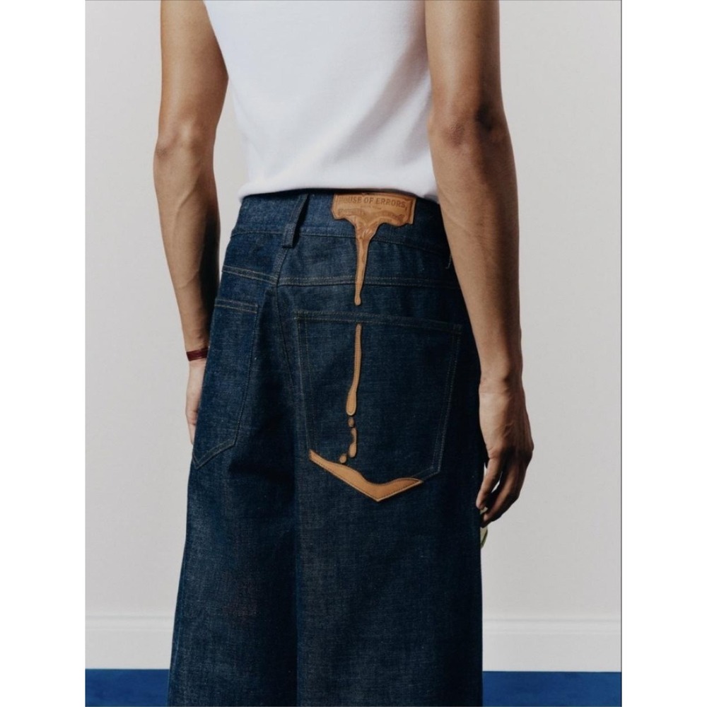 House Of Errors Jeans Mens 40x30 Blue Melting Leather Selvedge Denim Wide Leg - Picture 2 of 11